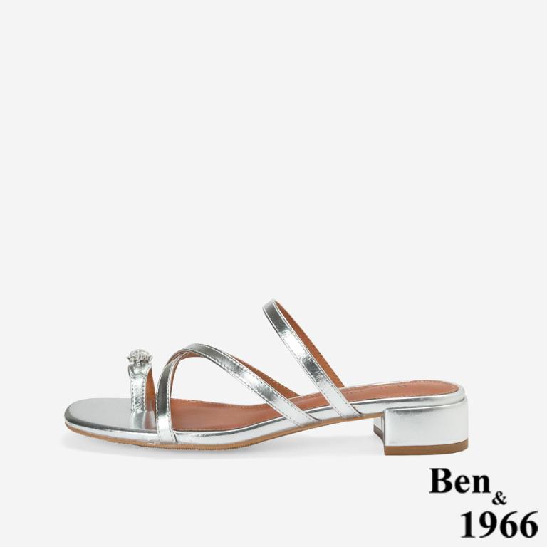 Ben&1966高級頭層羊皮流行交叉綁帶低跟拖鞋-銀(256391)