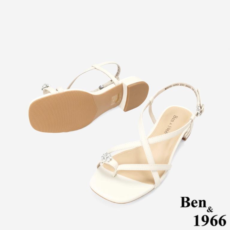 Ben&1966高級頭層羊皮流行交叉綁帶平底涼鞋-米白(256402)