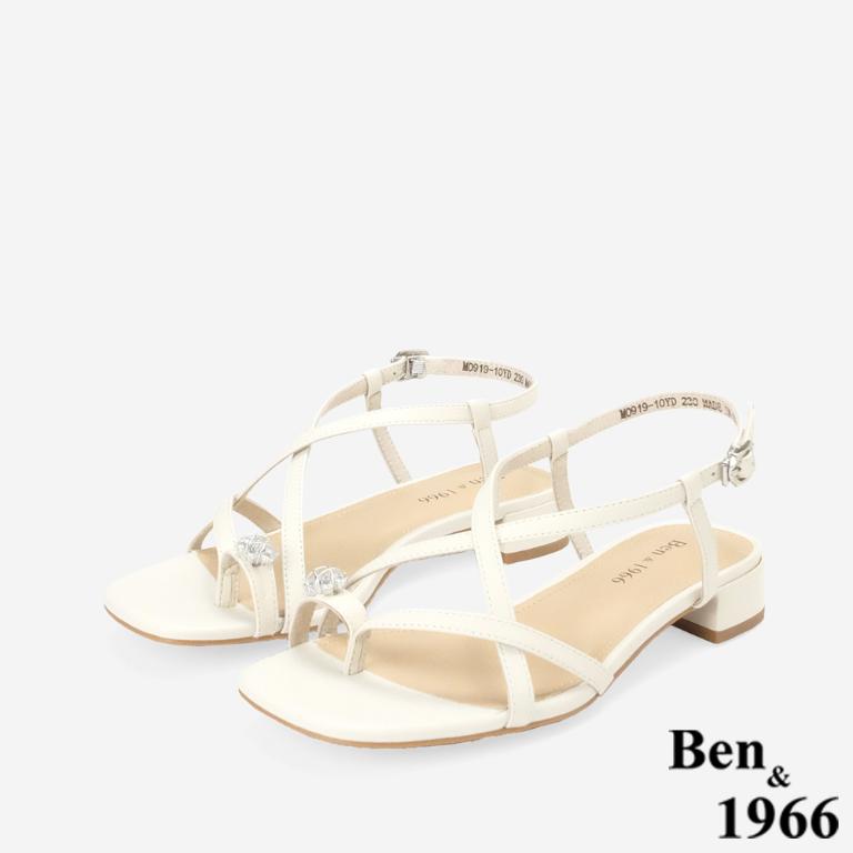 Ben&1966高級頭層羊皮流行交叉綁帶平底涼鞋-米白(256402)
