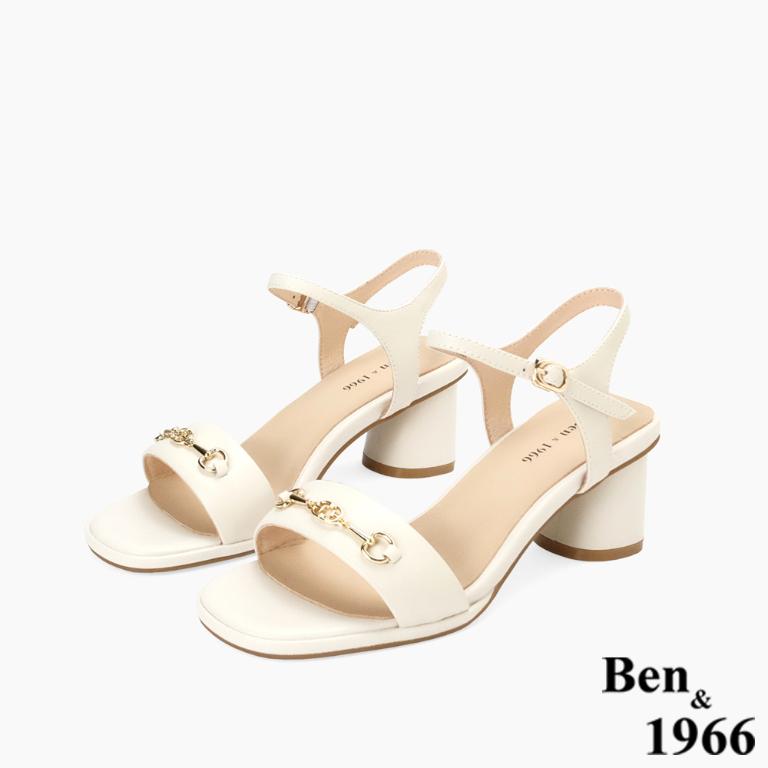 Ben&1966高級頭層羊皮經典馬銜釦飾中跟涼鞋-米白(256602)