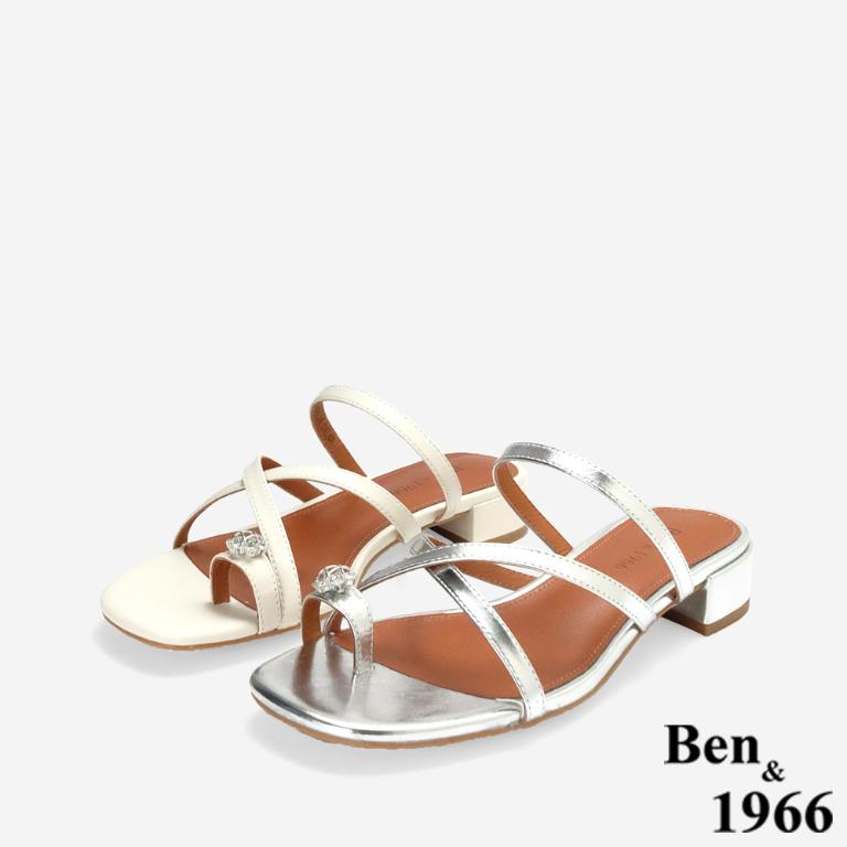 Ben&1966高級頭層羊皮流行交叉綁帶低跟拖鞋-米白(256392)