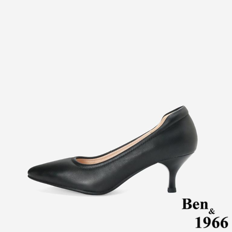 Ben&1966高級頭層羊皮經典氣質尖頭中低跟鞋-黑(256501)