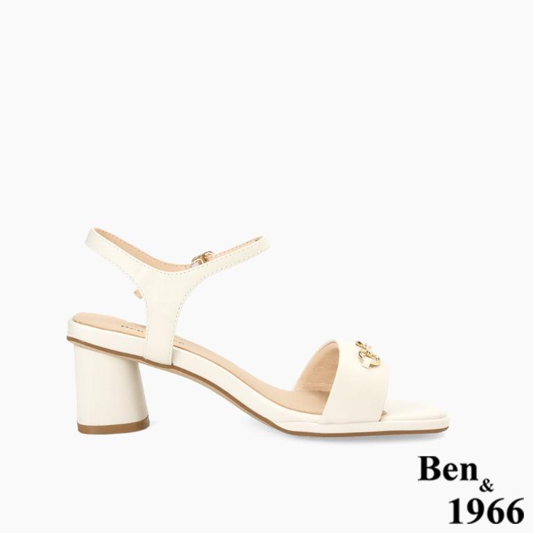 Ben&1966高級頭層羊皮經典馬銜釦飾中跟涼鞋-米白(256602)