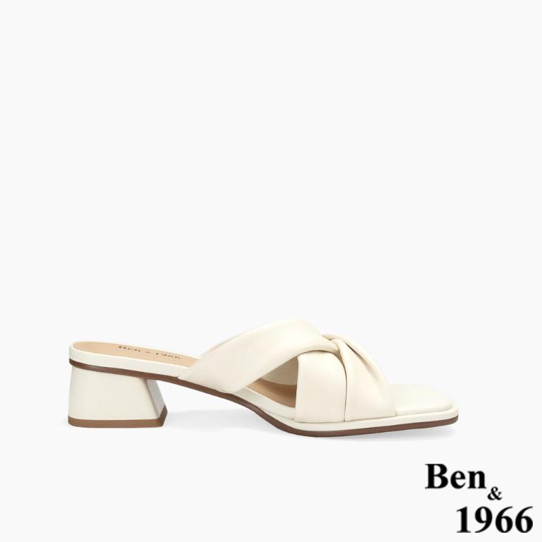 Ben&1966高級頭層羊皮經典交叉綁帶低跟拖鞋-米白(256562)