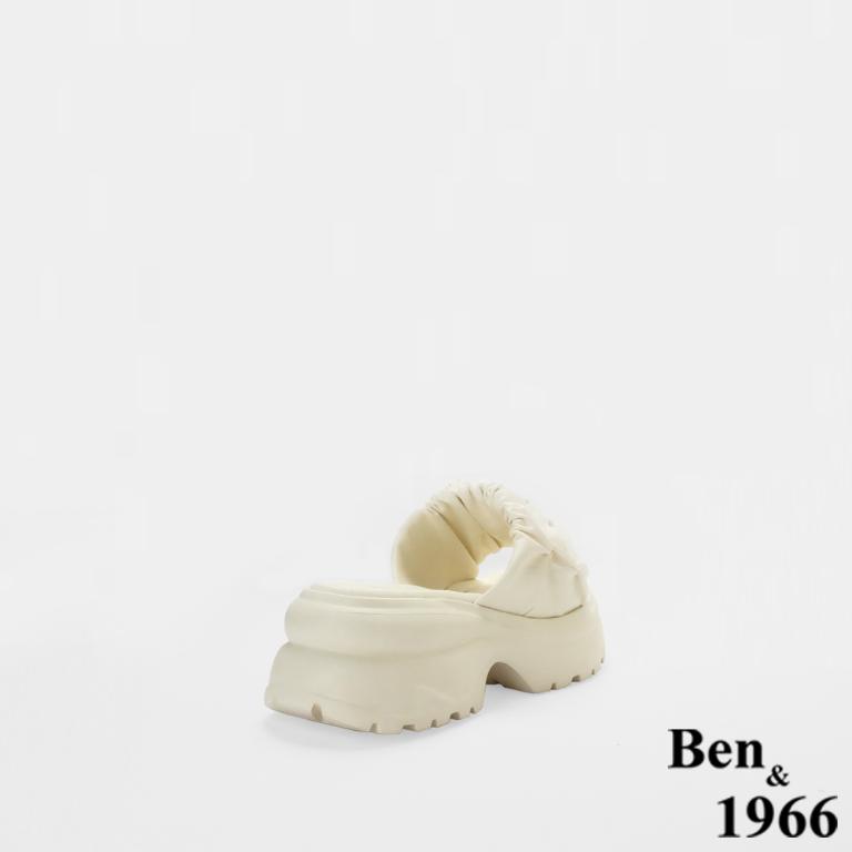 Ben&1966高級超纖皮革流行打皺厚底拖鞋-米白(256102)