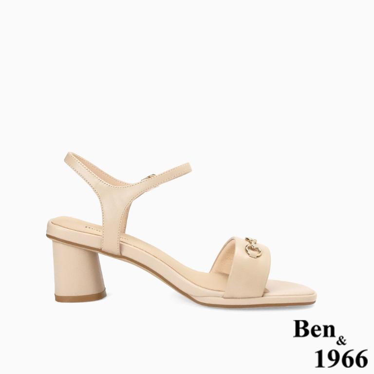 Ben&1966高級頭層羊皮經典馬銜釦飾中跟涼鞋-杏(256601)