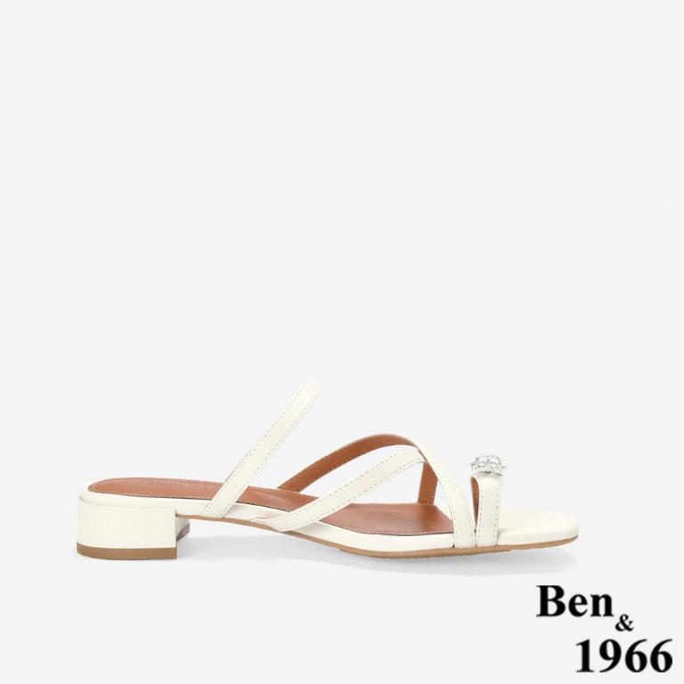 Ben&1966高級頭層羊皮流行交叉綁帶低跟拖鞋-米白(256392)