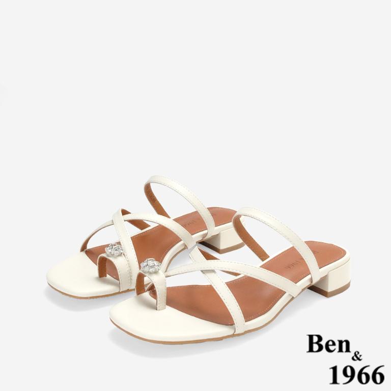Ben&1966高級頭層羊皮流行交叉綁帶低跟拖鞋-米白(256392)