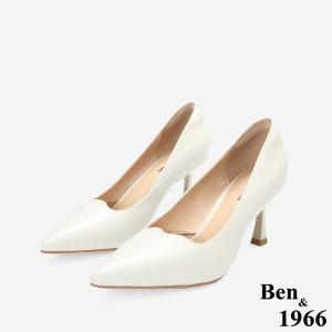 Ben&1966高級頭層羊皮經典氣質尖頭高跟鞋-米白(256472)