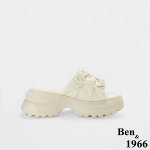 Ben&1966高級超纖皮革流行打皺厚底拖鞋-米白(256102)