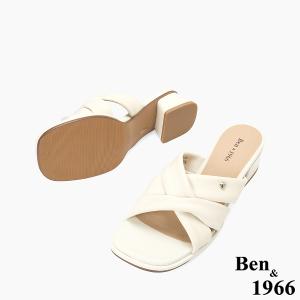 Ben&1966高級頭層羊皮經典交叉綁帶低跟拖鞋-米白(256562)