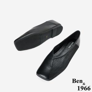 Ben&1966高級頭層羊皮流行網布平頭包鞋-黑(256431)