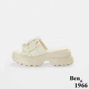 Ben&1966高級超纖皮革流行打皺厚底拖鞋-米白(256102)