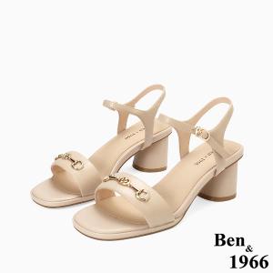 Ben&1966高級頭層羊皮經典馬銜釦飾中跟涼鞋-杏(256601)
