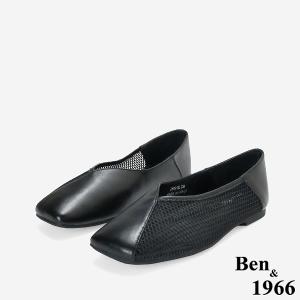 Ben&1966高級頭層羊皮流行網布平頭包鞋-黑(256431)