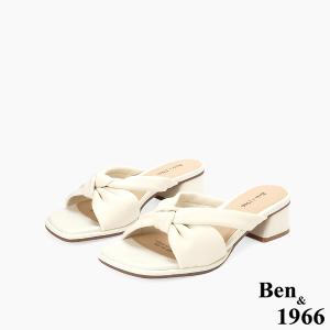 Ben&1966高級頭層羊皮經典扭結低跟拖鞋-米白(256552)