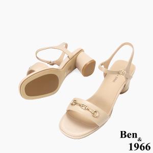 Ben&1966高級頭層羊皮經典馬銜釦飾中跟涼鞋-杏(256601)