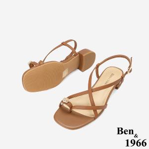 Ben&1966高級頭層羊皮流行交叉綁帶平底涼鞋-太妃糖棕(256401)