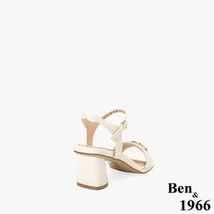 Ben&1966高級頭層羊皮經典馬銜釦飾中跟涼鞋-米白(256602)
