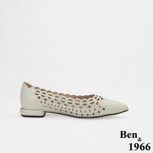 Ben&1966高級頭層牛皮經典沖孔低跟尖頭包鞋-淺灰(256541)