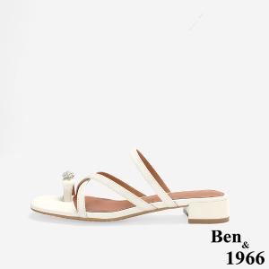 Ben&1966高級頭層羊皮流行交叉綁帶低跟拖鞋-米白(256392)