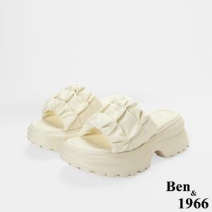 Ben&1966高級超纖皮革流行打皺厚底拖鞋-米白(256102)