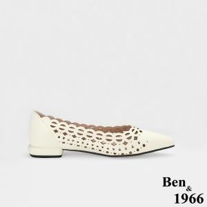 Ben&1966高級頭層牛皮經典沖孔低跟尖頭包鞋-米白(256542)