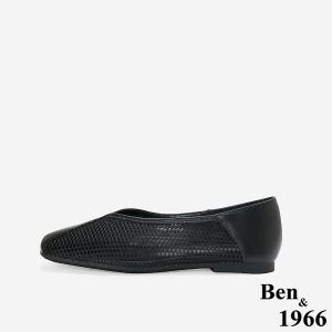 Ben&1966高級頭層羊皮流行網布平頭包鞋-黑(256431)