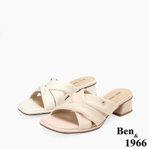 Ben&1966高級頭層羊皮經典交叉綁帶低跟拖鞋-淺粉(256561)