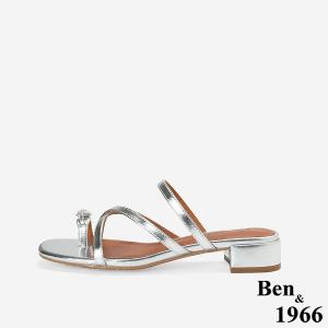 Ben&1966高級頭層羊皮流行交叉綁帶低跟拖鞋-銀(256391)