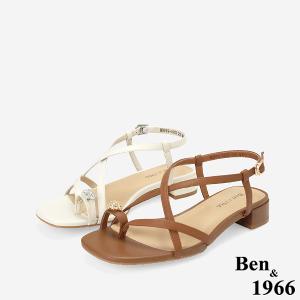 Ben&1966高級頭層羊皮流行交叉綁帶平底涼鞋-米白(256402)