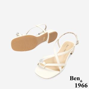 Ben&1966高級頭層羊皮流行交叉綁帶平底涼鞋-米白(256402)