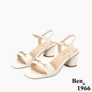 Ben&1966高級頭層羊皮經典馬銜釦飾中跟涼鞋-米白(256602)