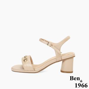 Ben&1966高級頭層羊皮經典馬銜釦飾中跟涼鞋-杏(256601)
