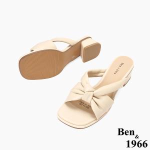 Ben&1966高級頭層羊皮經典扭結低跟拖鞋-杏(256551)