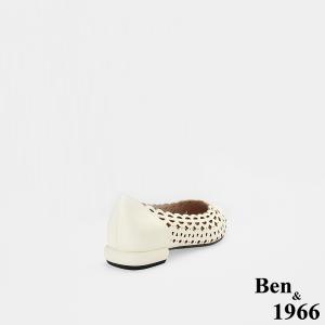 Ben&1966高級頭層牛皮經典沖孔低跟尖頭包鞋-米白(256542)