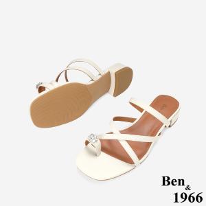 Ben&1966高級頭層羊皮流行交叉綁帶低跟拖鞋-米白(256392)