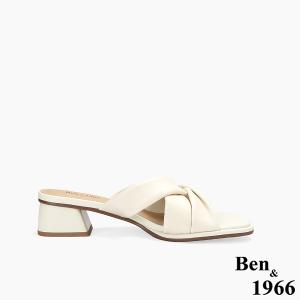 Ben&1966高級頭層羊皮經典交叉綁帶低跟拖鞋-米白(256562)