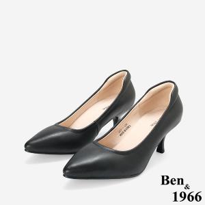 Ben&1966高級頭層羊皮經典氣質尖頭中低跟鞋-黑(256501)