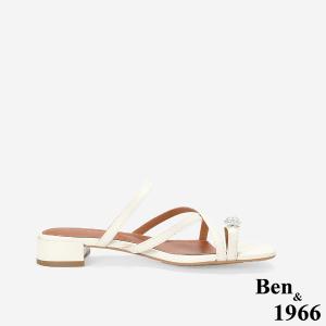 Ben&1966高級頭層羊皮流行交叉綁帶低跟拖鞋-米白(256392)