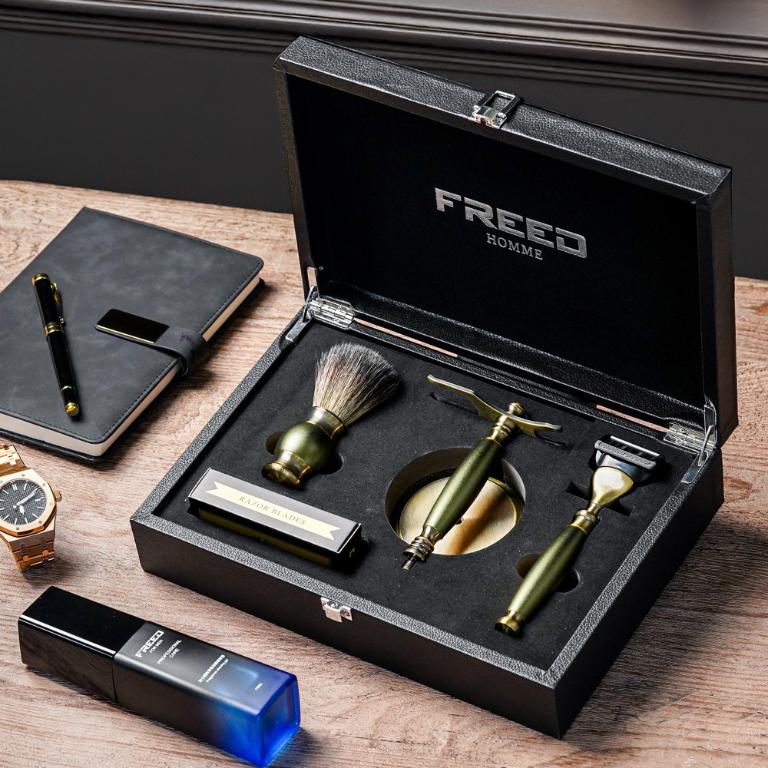 FREED 古銅系列豪華四件組五刀式刮鬍刀禮盒-大地綠