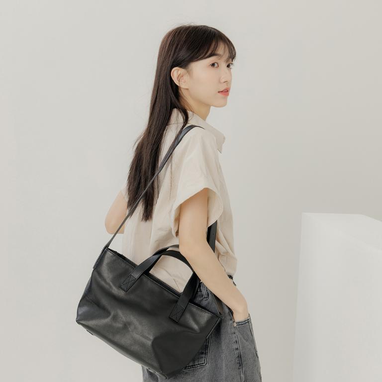 supportingrole 真皮四方2層都市手提肩側背包 黑
