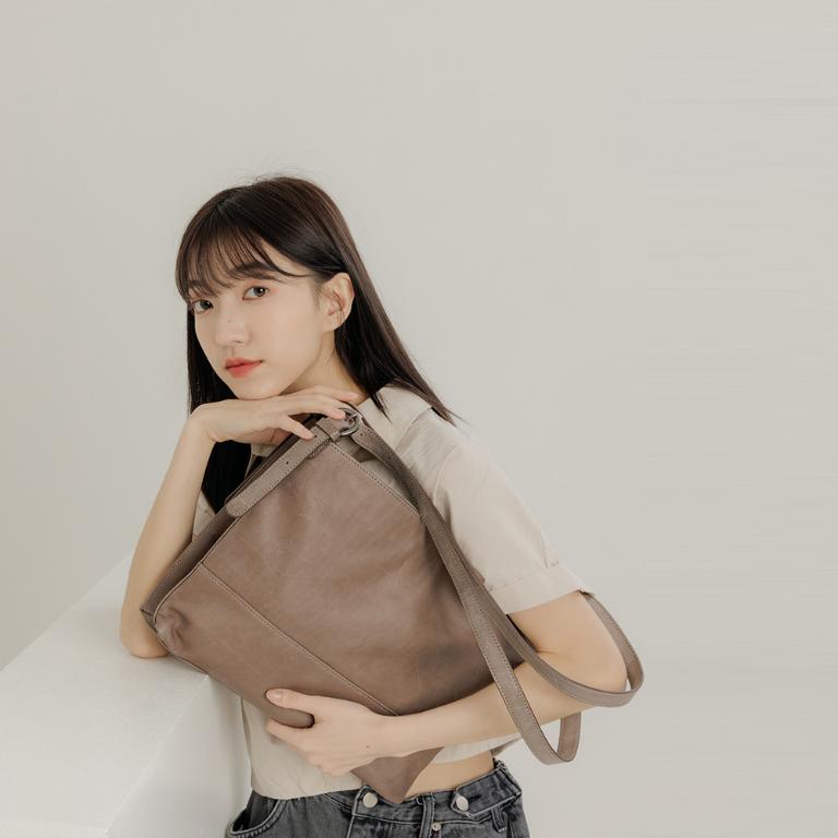 supportingrole 真皮極簡四方2層都市手提托特包 奶茶咖啡