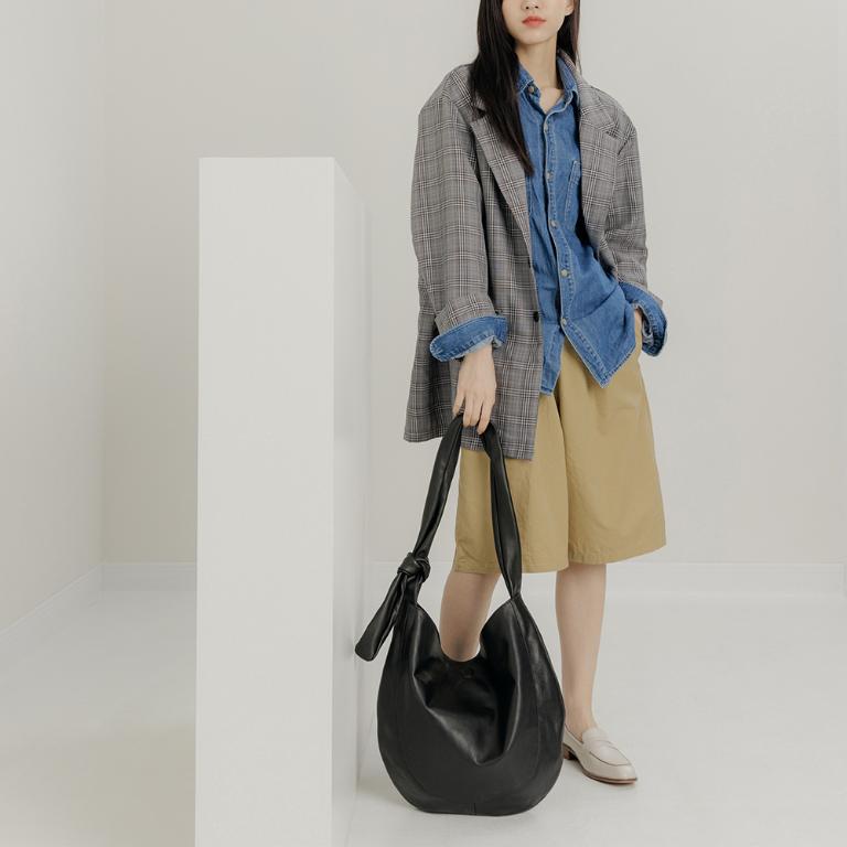 supportingrole 真皮優雅摩登都市肩側手提背包 黑