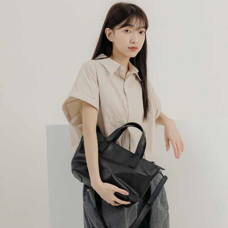 supportingrole 真皮四方2層都市手提肩側背包 黑