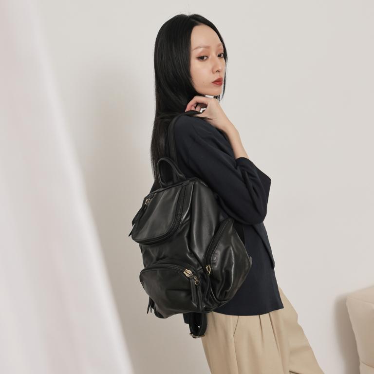 supportingrole 輕量羊皮U開口多空間設計後背包 黑