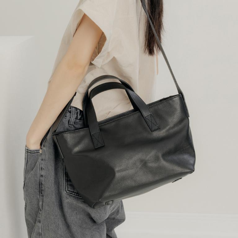 supportingrole 真皮四方2層都市手提肩側背包 黑
