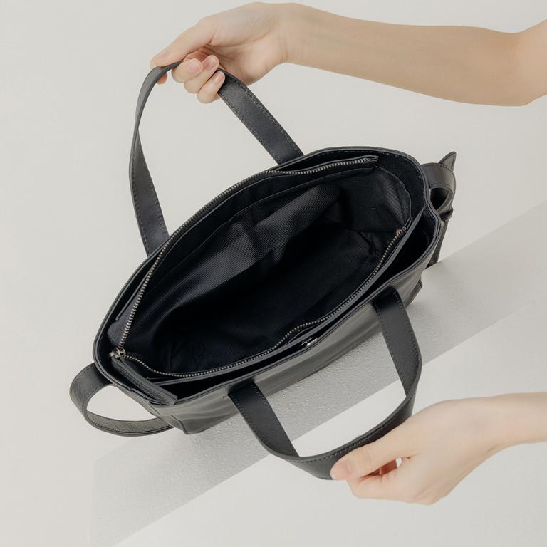 supportingrole 真皮四方2層都市手提肩側背包 黑