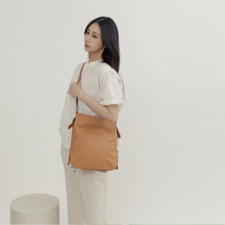 supportingrole 綁結設計廓型結構真皮手提肩斜背3用托特包 焦糖咖啡