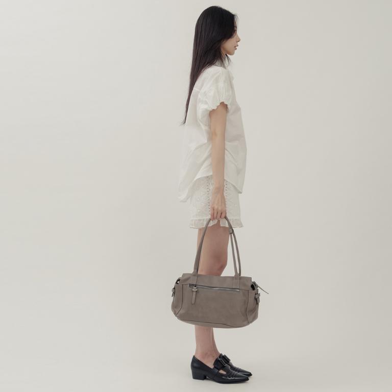 supportingrole 簡約線條多分層口袋真皮手提肩背包 灰